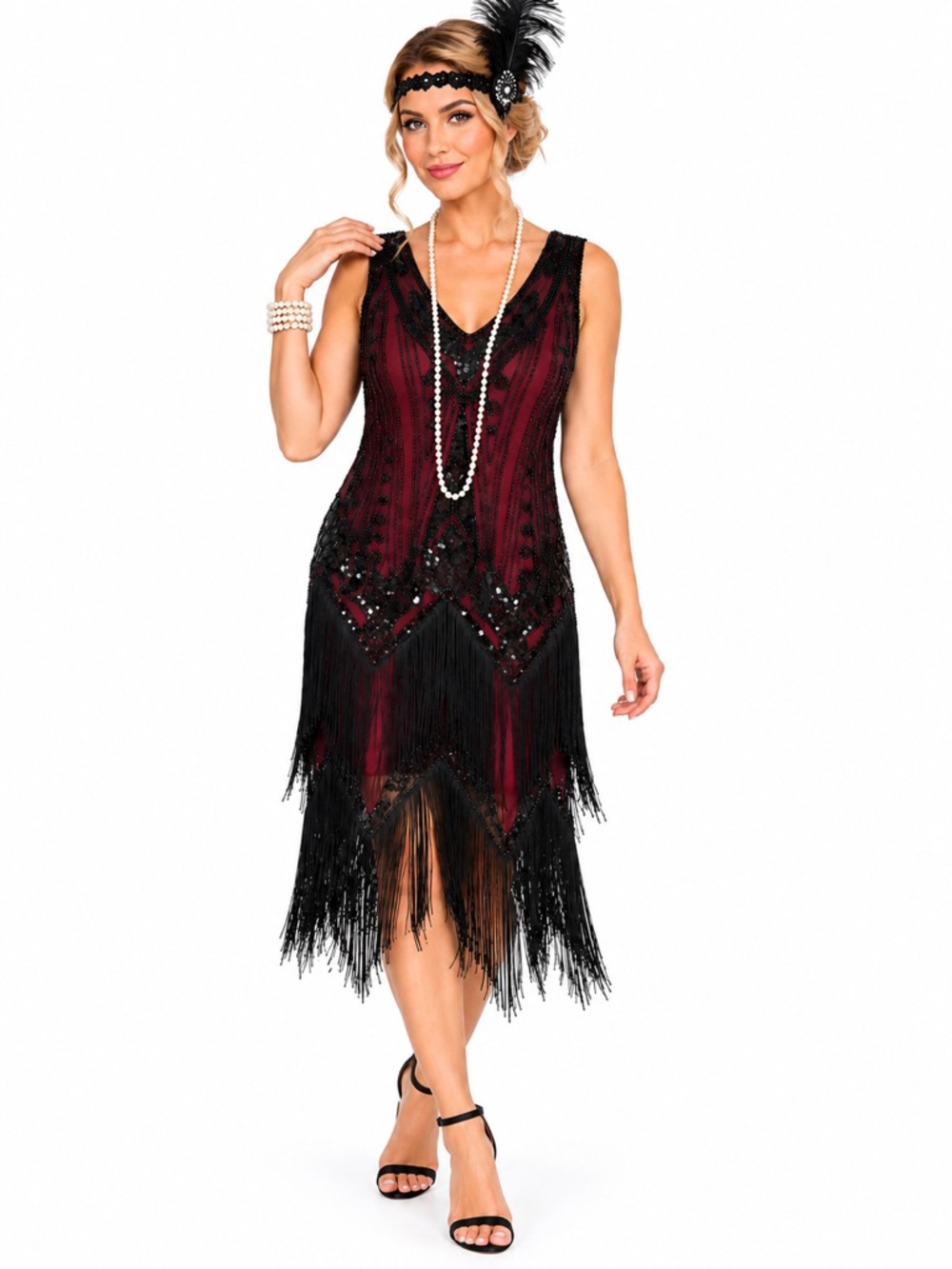 1920s Vintage-Inspired Black and Burgundy Fringe Flapper Dress | Size Medium